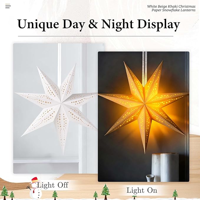 Large Paper Star Lanterns with Lights, 3D Hollow Out Christmas Paper Lanterns, 6Pcs Foldable Decorative Christmas Hanging Decorations for Xmas Wedding New Year Party Home Decor Indoor