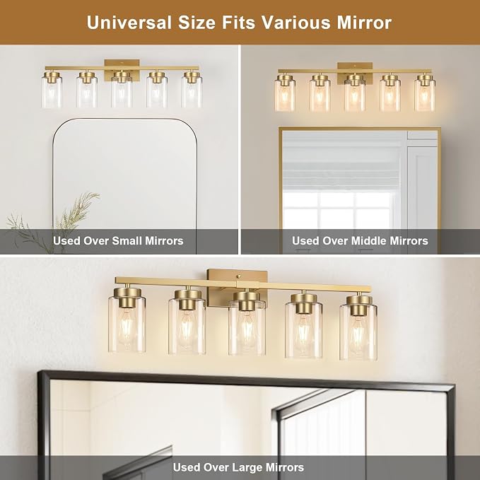 IZORRO Modern Bathroom Light Fixtures, 5 Light Brushed Gold Vanity Lights, Bathroom Lighting Fixtures Over Mirror with Clear Glass for Living Room Cabinet Bedroom