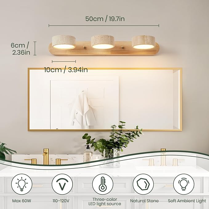 Natural Wood Bathroom Vanity Light with with 3 Travertine Stone Shades, 19.68in LED Bathroom Light with Solid Wood Base, Modern Rustic Vanity Light Fixture for Bathroom Light Over Mirror, Hallway