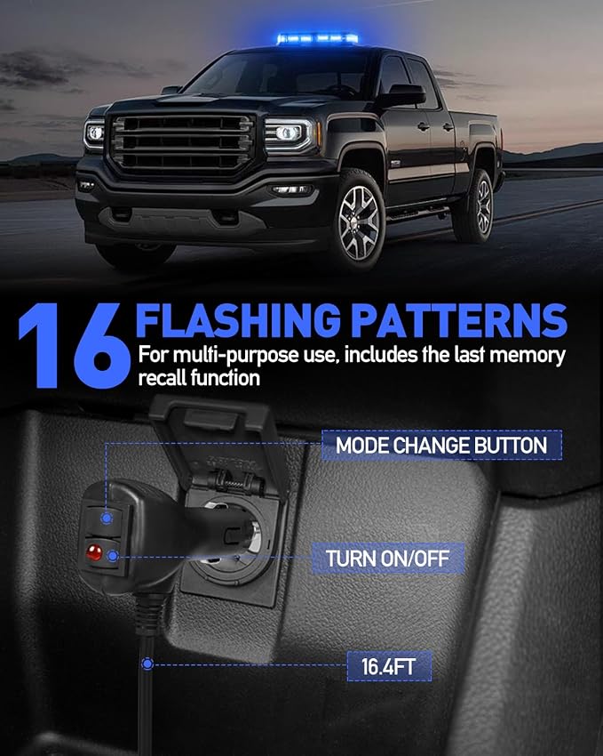 HLauto 406D Rooftop Emergency Strobe Lights Bar, 102 LED Blue Mini Beacon Safety Flashing Warning Traffic Lights Bar w/Magnetic Base for 12-24V Trucks, Construction Vehicles, Snowplow, Cars