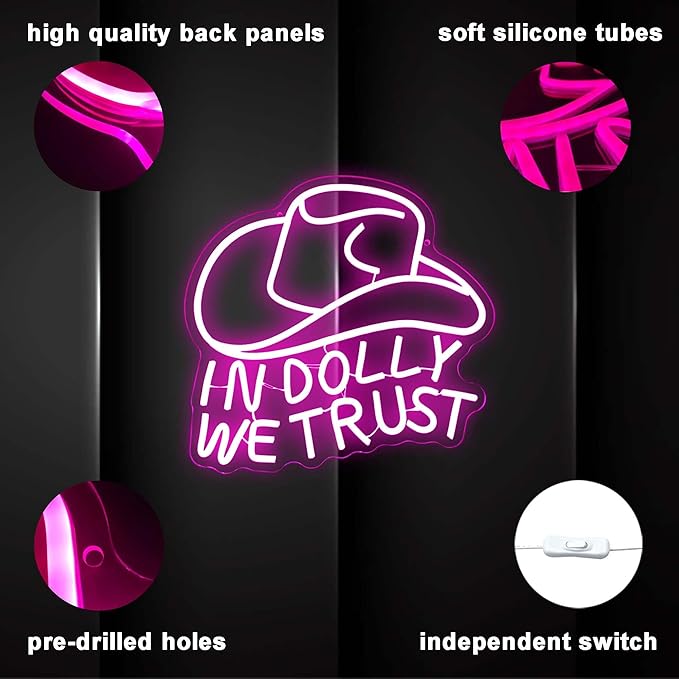In Dolly We Trust Neon Sign, Pink Cowgirl Hat LED Signs, Country Retro Style Western Wall Art, USB Powered for Teen Bedroom Man Cave Party Aesthetic Christmas Birthday Gift(12.9 * 13.3in)