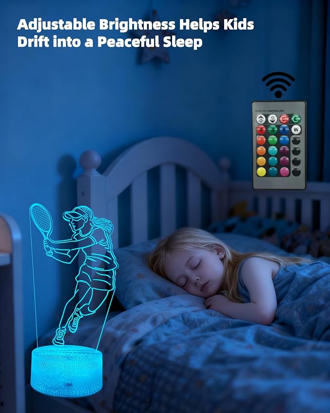 Tennis 3D Illusion Night Light Gift for Girls, 16 Colors Changing | Dimmable, Touch & Remote Control, Room Bedroom Décor, Birthday Christmas Kid Teen Women Ball Player Sport Fan Lamp