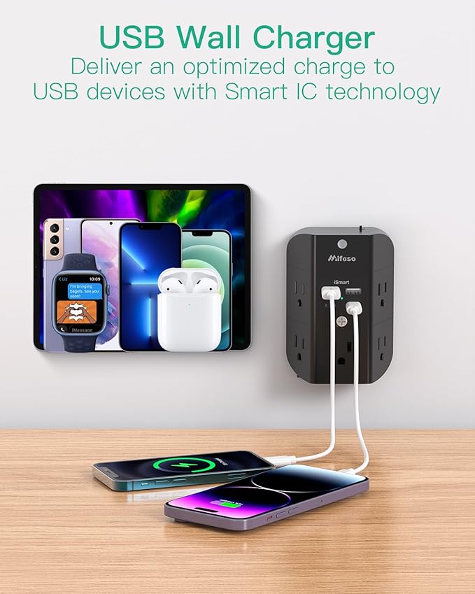Surge Protector Outlet Extender with Night Light, 5-Outlet Splitter and 4 USB Ports (2 USB C Charger), Multi Plug Wall Outlet for Home, Dorm Room Essentials