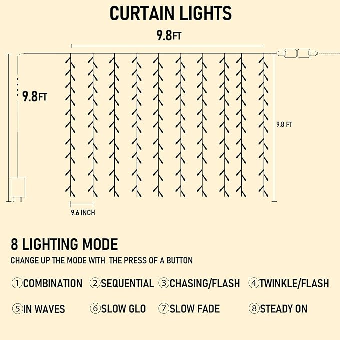 Dazzle Bright 300 LED Curtain String Lights, Christmas Fairy Lights for Bedroom with 8 Lighting Modes, Connectable Waterproof Window Lights Party Wedding Garden Wall Decor, White