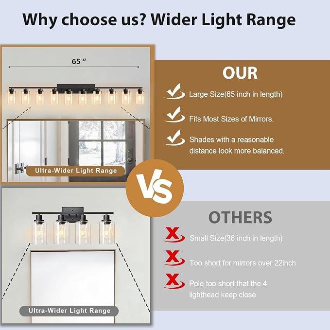 IZORRO Modern Bathroom Light Fixtures, 10 Light Black Vanity Lights, Bathroom Lighting Fixtures Over Mirror with Clear Glass for Living Room Cabinet Bedroom
