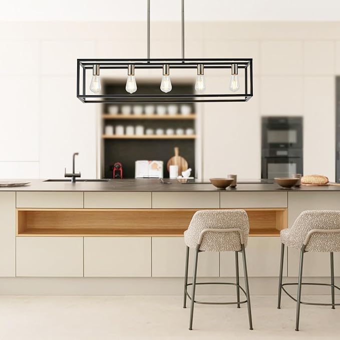 Black&Brushed Nickel Kitchen Island Lighting, Modern Linear Cage Retangular Chandelier, 5 Lights Industrial Metal Hanging Light Fixture for Farmhouse Kitchen Dining Room Bar Foyer