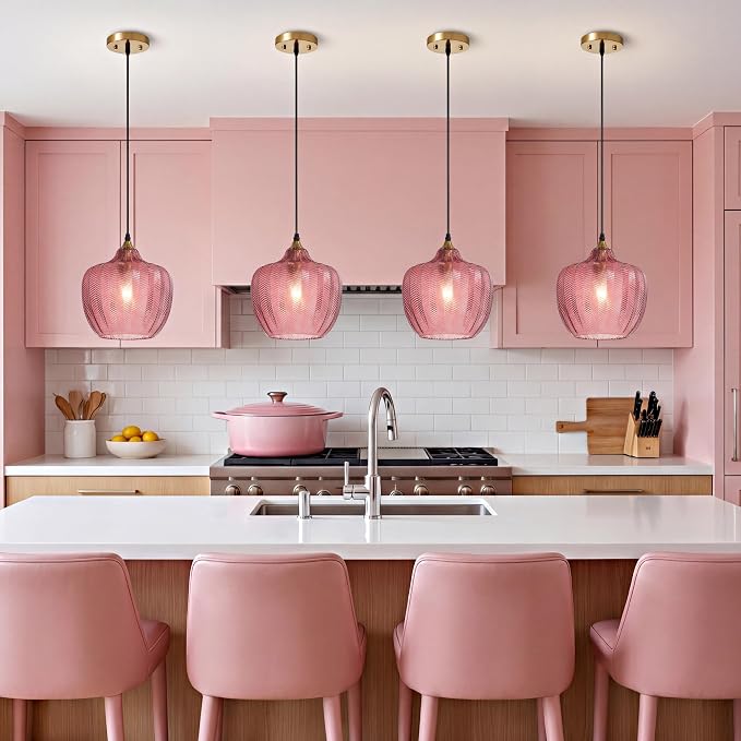 Pink Glass Pendant Lights Kitchen Island Gold Hanging Ceiling Light 9.45" | 1 Pack, Adjustable height, Dimmable, E26 bulbs, Rust-resistant Damp Rated For Bathrooms, 5-Year Warranty, UL Certification