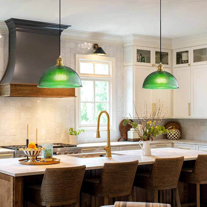 XZHGCEE Plug in Pendant Light: Hanging Light Plug in Green Glass Hanging Lamp, Pendant Lighting for Kitchen Island, Bedroom, Dining Room, Living Room, No Bulb
