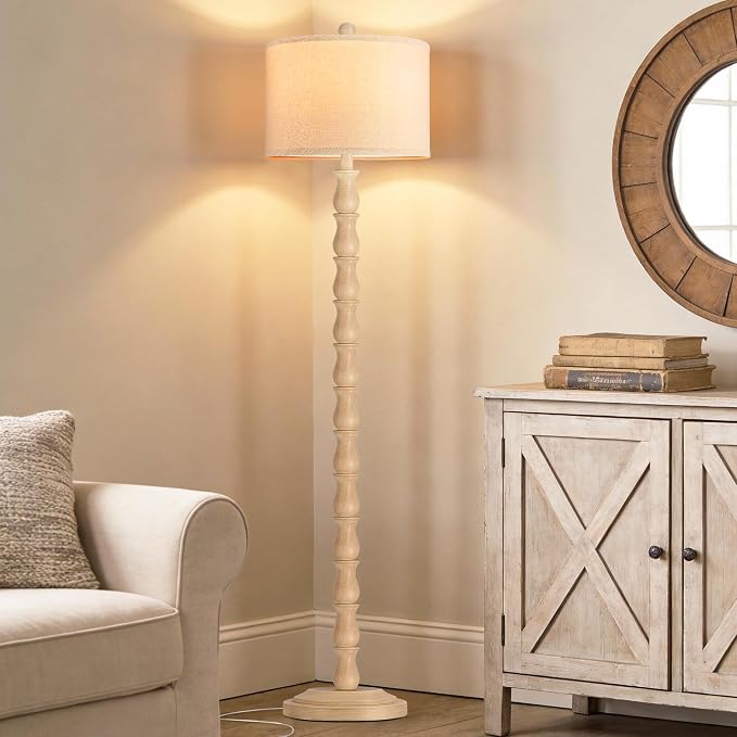 63.5" Rustic Floor Lamp for Living Room, Farmhouse Floor Lamp with Rotary Switch & Linen Shade, Vintage Resin Tall Standing Lamp for Bedroom Corner Office Home Decor, Cream (LED Bulb Included)