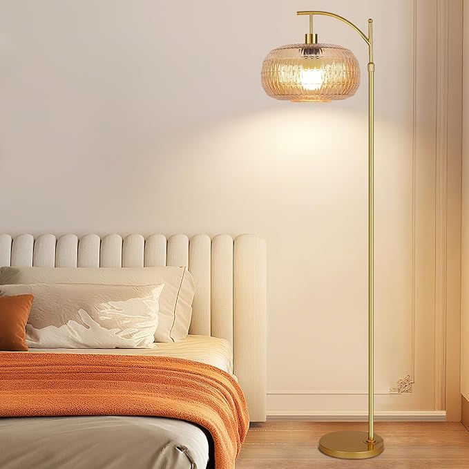 ILLMTW Glass Floor Lamp for Living Room,Bedroom,Gold Mid Century Modern Standing Lamp with Remote,Dimmable Brass Tall Lamp Amber Lamp Vintage Retro Arc Floor Lamps Floor Light Boho Bohemian