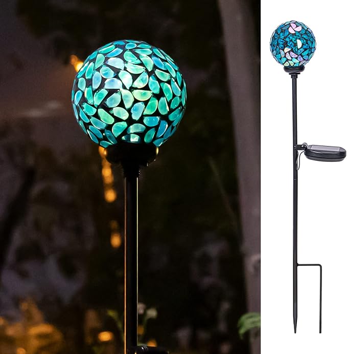 VCUTEKA Decorative Solar Garden Lights, 3.5" Mosaic Globe Outdoor Stake | Mosaic Glass Globe Design, Solar LED Light, Waterproof Design, Auto On/Off and Metal Stake Design for Lawn and Patio