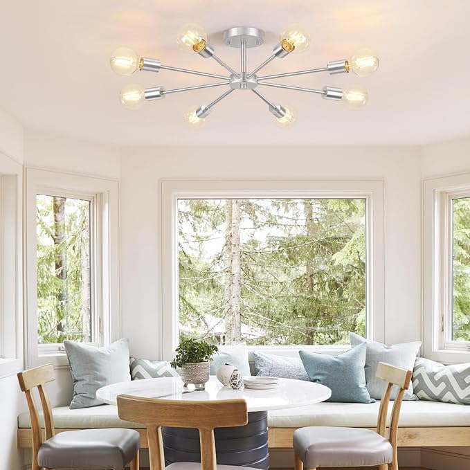Lomoky 8-Lights Brushed Nickel Semi Flush Mount Ceiling Light Fixture, Modern Sputnik Hallway Light Fixtures Ceiling, E26 Close to Ceiling Lighting for Bedroom Dining Room Hallway