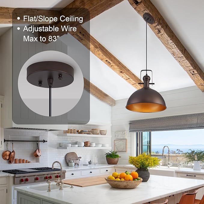 12 Inch Oil Rubbed Bronze Farmhouse Pendant Lights Large Pendant Lights for Kitchen Island Industrial Adjustable Height Vintage Big Dome Hanging Light Fixtures for Barn, Dining Room 2 Packs