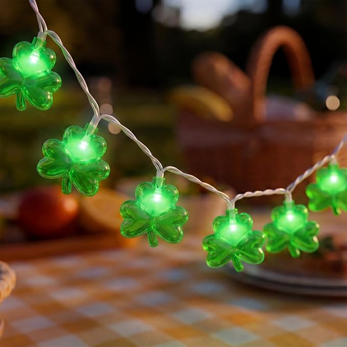 Shamrock String Lights, 8.5Ft St Patrick's Day Decorations with 10 3D Green Clover Lights, Plug in Clover Fairy String Lights for Party Bar Garden Bedroom Party Irish Holiday Decor