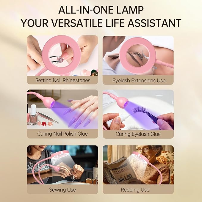 AORAEM LED UV Nail Lamp: Double-Headed Gooseneck U V Lamp for Gel Nails, LED Flash Cure Light with 6X Magnifier Home DIY Salon, Pink