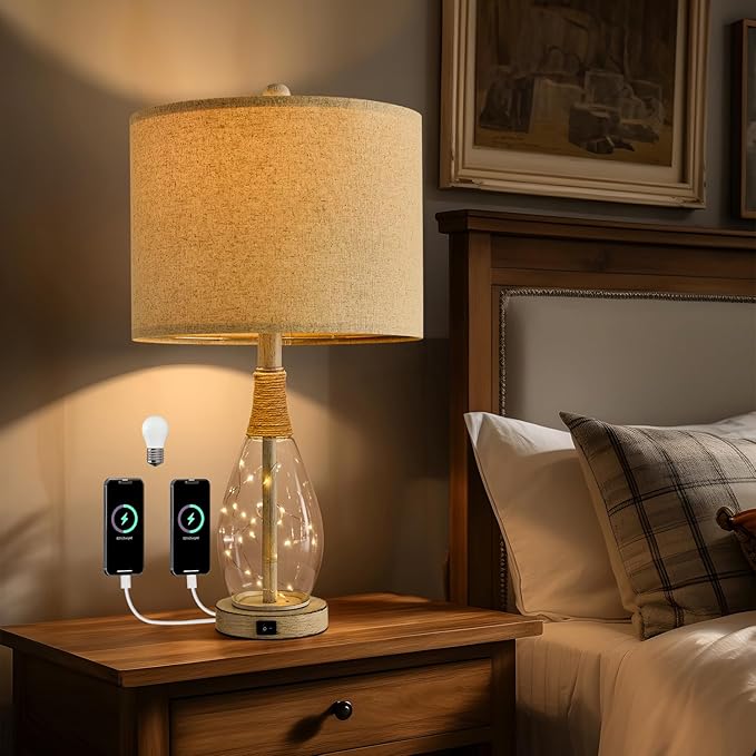 23" USB A+C Table Lamp for Bedroom Living Room Modern Bedside Lamps Retro Farmhouse Rattan Glass Nightstand Nightlight Lamps (White),Two Light Points