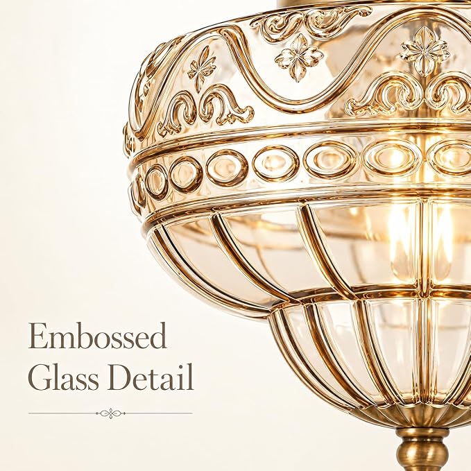 Vintage Brushed Antique Brass Pendant Light for Kitchen Island, Handblown Textured Amber Glass Hanging Light Fixture, Adjustable Height E26 Pendant Lighting for Dining Room, Entryway, Hallway