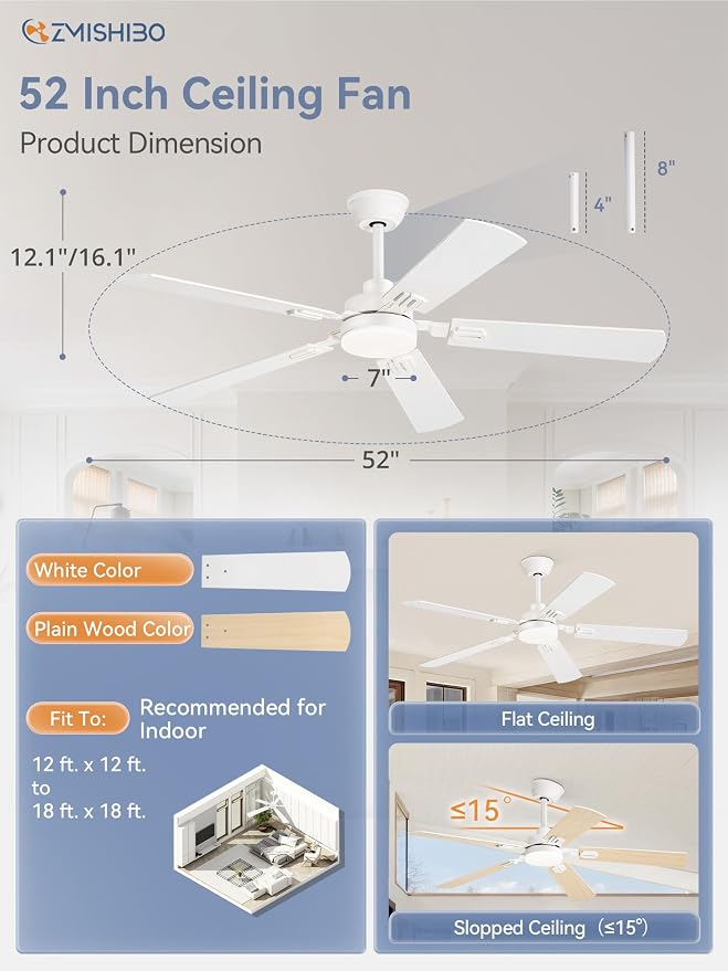 ZMISHIBO 52" Ceiling Fans with Lights and Remote, White Modern for Indoor | 24W 2400LM Bright LED, 3CCT, Dimmable, App Control, Farmhouse Dual Finish Blades, Quiet&Strong Motor for Bedroom, Living Room