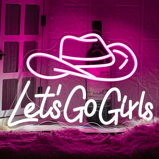Let's Go Girls Neon Sign Pink White Cowboy Hat Neon Signs Letter Led Light up Cowboy Hat Neon Sign for Wall Decor Dimmable USB Powered for Cowboy Bar Bedroom, Livingroom Christmas Birthday