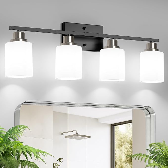 Ascher Bathroom Light Fixtures, 4-Light Vanity Light Over Mirror, Black and Nickel Wall Sconces with Milky White Frosted Glass Shades, Wall Lamp for Living Room Bedroom, E26 Base(Bulbs Not Included)