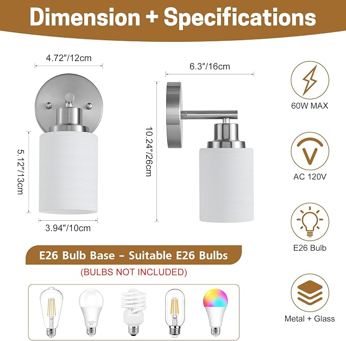 2-Pack 1-Light Vanity Lights, Brushed Nickel Bathroom Light Fixture with Textured Milky White Glass Shade, E26 Modern Vanity Lighting Fixture for Bathroom Wall Sconce