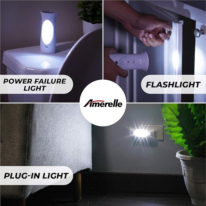 Amerelle LED Emergency Lights For Home Power Failure, 2 Pack – Triple Function Power Failure Light and Plug In Flashlight Combo, With Rechargeable Battery – Be Snow Storm & Hurricane Ready (71134)