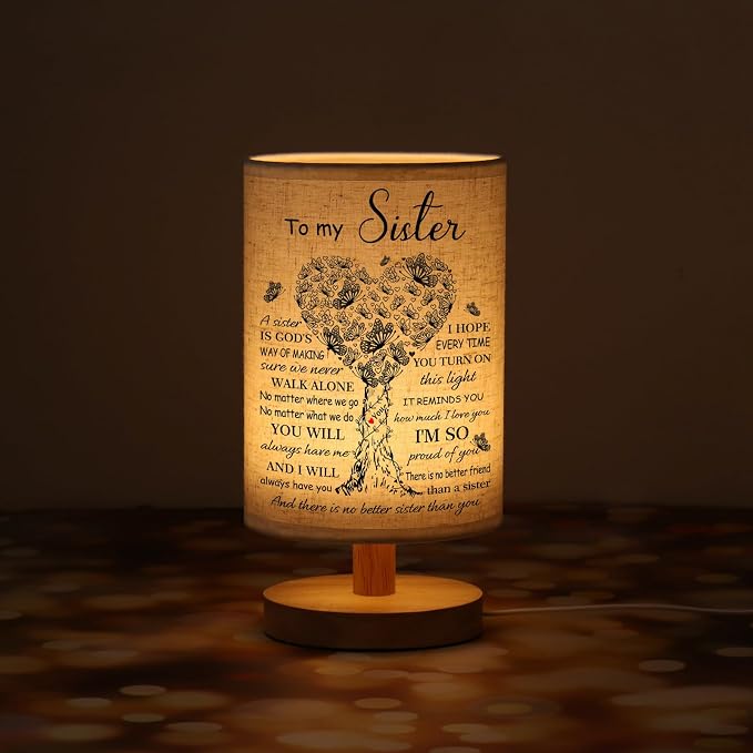 WSYEAR Sister Birthday Gifts, Mothers Day Gifts for Sisters Fabric Lamp, Sister's Gift from Sisters Table Lamp with Wooden Stand, Anniversary Wedding Gift for Sister
