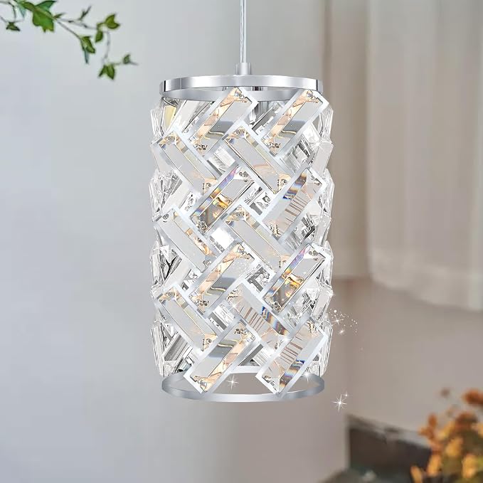 Chrome Crystal Pendant Light, Mini Kitchen Island Hanging Light, E26 | Chrome crystal pendant light with adjustable cord, E26 socket, dimmable, ideal for kitchen islands, dining rooms and bedrooms