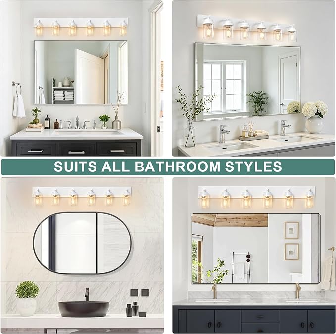 IZORRO Bathroom Vanity Light Fixture, 6-Light 46 Inch White Bathroom Light Fixtures Over Mirror, with Clear Glass Shade, Modern Farmhouse Vanity Lights, Rustic Restroom Lighting Fixtures