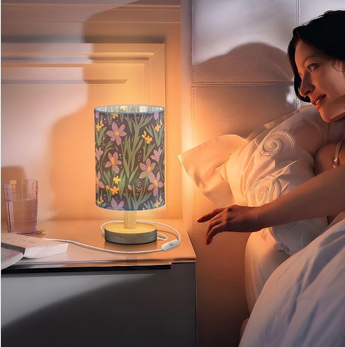 Purple Irises Flowers Yellow Daffodils Floral Bedside Table Lamps with USB Port for Bedroom Lamp Small Nightstand Lamp Sturdy Linen Shade Wooden Decorative Lamps for Living Room Home Dorm Kids