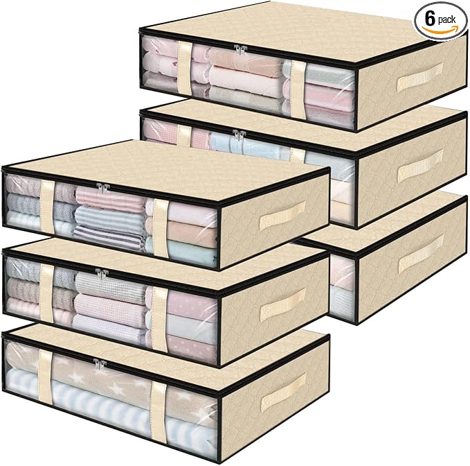 StorageRight Under Bed Storage Bags, 6 Pack, 40L, Beige | Breathable Non-Woven Fabric with a Clear Window and Zippered Top for Clothes, Comforters, Blankets and Seasonal Storage
