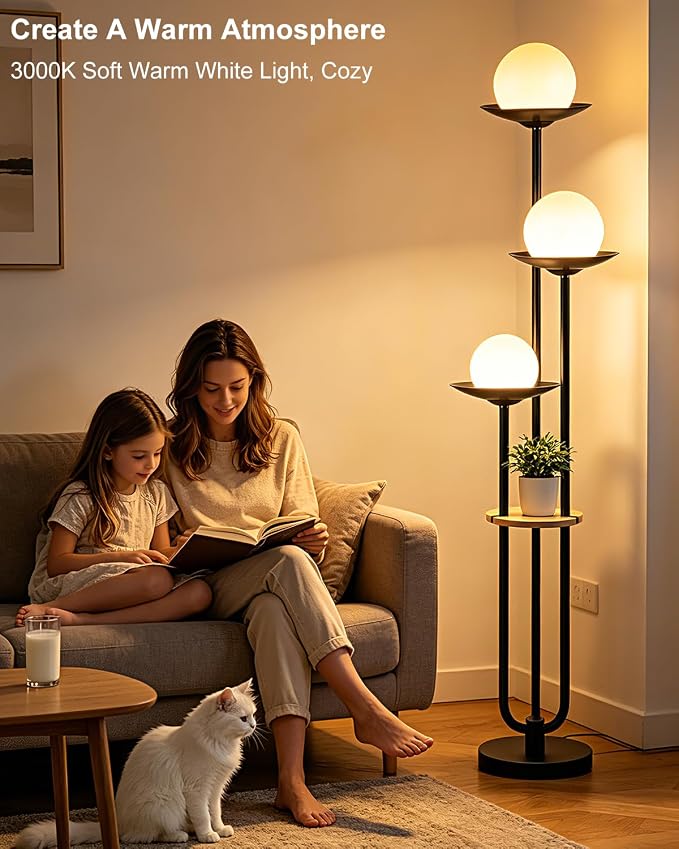 3-Globe Floor Lamp with Table, 63IN Mid Century Modern Floor Lamps Dimmable with 3000K Warm White Bulbs for Wedding/Party, Black Tall Standing Lamp for Living Room/Bedroom/Home Office