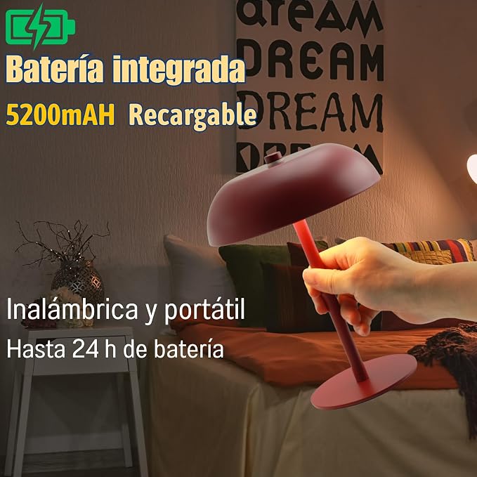 Cordless LED Mushroom Table Lamp, 5200mAh Battery, Dimmable 3 Color, Red | Small, 8.46in, Portable, Easy to Assemble, Metal structure, Rechargeable, Suitable for bedroom, café, and bar counter.