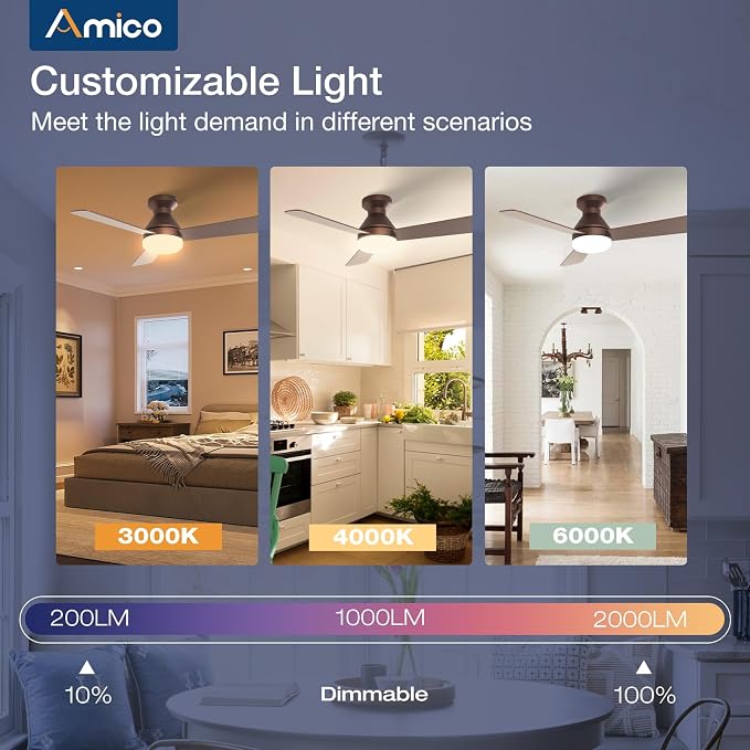 Amico 42 Inch Brown Low Profile Ceiling Fans with Lights and Remote | Flush mount, 3-color dimmable light, quiet reversible DC motor, easy install, memory, timer, bedroom, covered outdoor areas