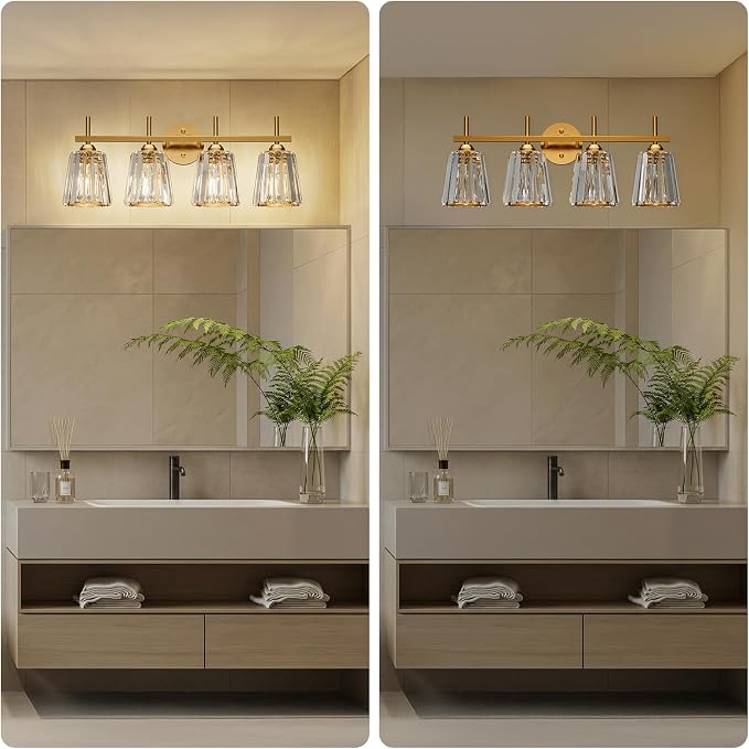 Crystal Bathroom Light Fixtures Over Mirror, Gold 4-Light Bathroom Vanity Lights Over Mirror Modern Wall Lighting Sconces with Ceramic E26 Base (Bulbs Not Include)
