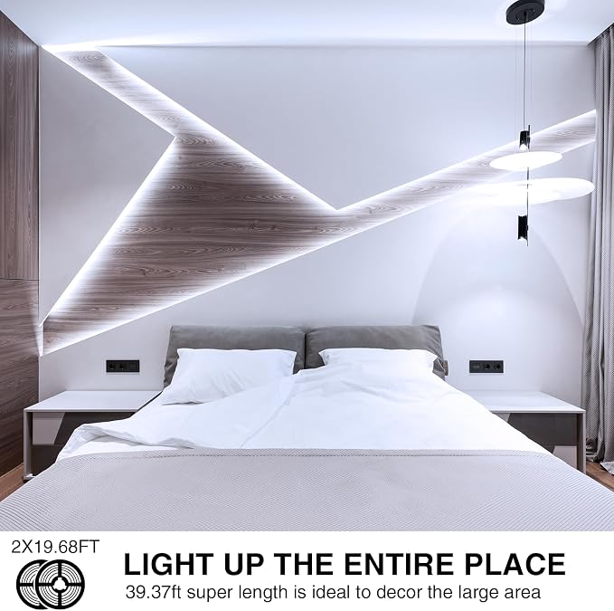 Onforu LED Strip Lights,39.37ft 6000K Dimmable Daylight White Tape Light,12m 720 LEDs 2835 Flexible Ribbon Mirror Light, 12V Adhesive Rope Lights for Kitchen, Under Cabinet, Bedroom (Pack of 2)