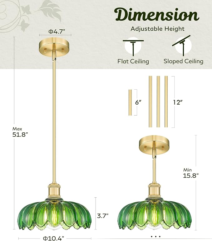 FEMILA 2-Pack Vintage Flower Green Glass Pendant Lights Kitchen Island | Floral 10.4" vintage-inspired glass pendant light fixtures for cafe corners and banquettes, adjustable hanging height