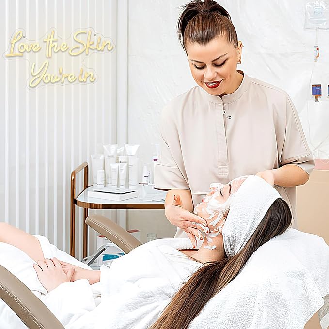 ''Love the Skin You're in'' Neon Sign Facial Spa Neon Light for Wall Decor Warm White Letters Neon Lights Beauty Salon Sign for Business Skin Care Salon Beauty Shop Decorations