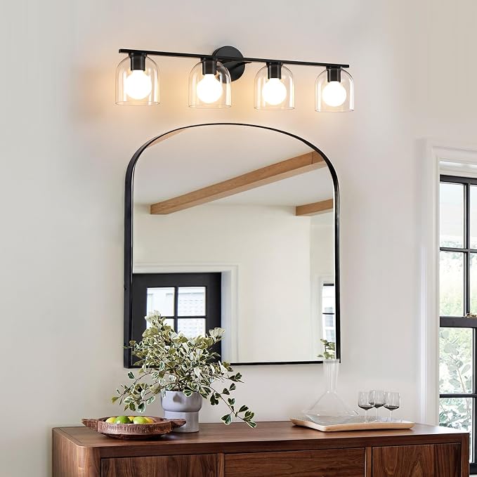 WOSHITU Bathroom Vanity Light Fixtures: 32.3 Inch Modern Matte Black Bathroom Lighting Fixtures Over Mirror with Clear Glass Shade 4 Light Vanity Lighting Fixtures Farmhouse Vanity Lights