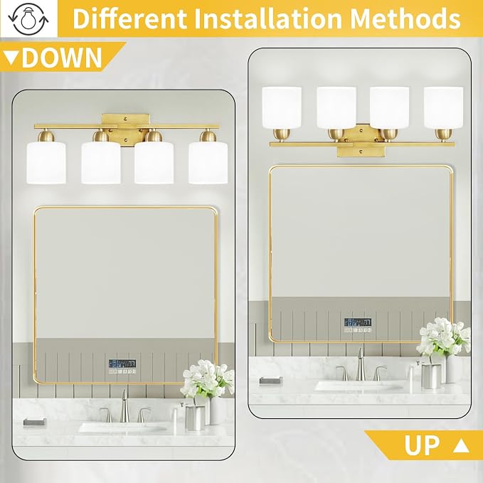 4 Light Gold Light Fixture Bathroom, Brushed Gold Vanity Light with Milky White Frosted Glass Shades, Lights for Bathroom Mirror for Living Room Bedroom Hallway E26 Base