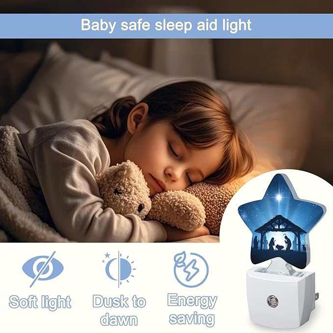 Nativity Scene Dusk to Dawn Star Night Light,Christmas Starry Sky Smart Sensor Nightlight for Bedroom Kitchen Hallway Stairs,Plug-in Energy Efficient Decor Desk Lamp Women Men Gifts