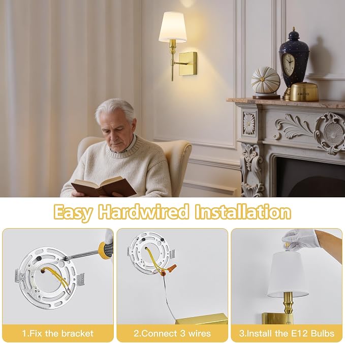 Hardwired Gold Wall Sconces Set of Two, Rustic Bathroom Vanity Lights with White Fabric Shades, Vintage Light Fixtures Convertible Height Wall Light for Living Room Bedroom,Farmhouse,E12 Base