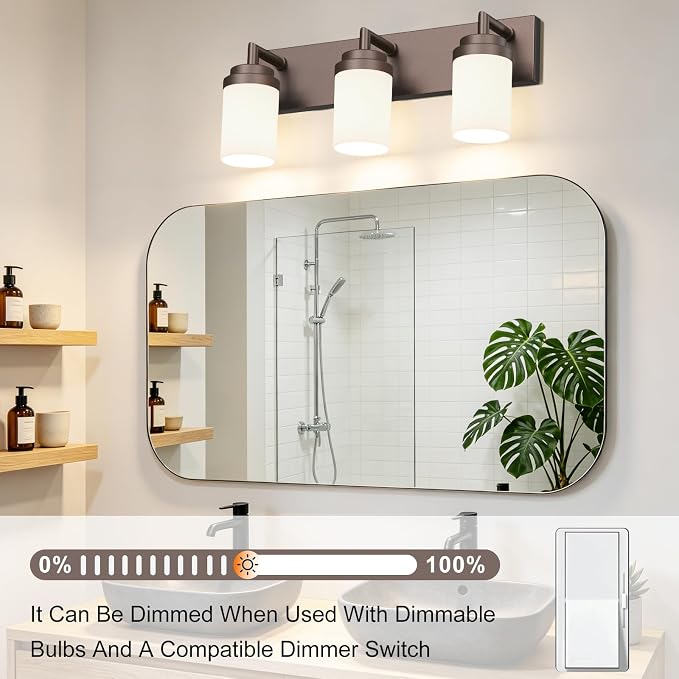 Bathroom Light Fixtures, Oil Rubbed Bronze Bathroom Lighting Fixtures Over Mirror, Modern Vanity Light with White Glass Shade, Restroom Lighting Fixtures, 3-Light 22-inch