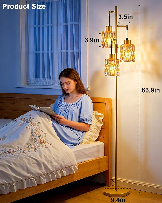 Lightdot 67" 3-Light Glass Floor Lamp for Living Room, Dimmable with Amber Glass Shade & E12 Bulbs Included, Mid Century Standing Tall Lamp with 5Lbs Heavy Base for Bedroom/Sofa Beside/Corner - Gold
