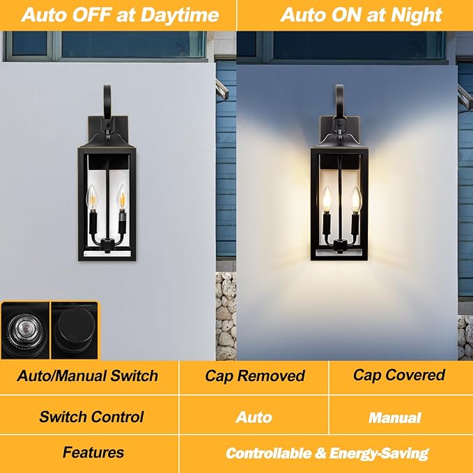 19" Dusk to Dawn Outdoor Lighting, Waterproof Large Outdoor Wall Lights | Modern Exterior Lighting Fixtures 2-Light with Clear Glass, Outdoor Porch Lights Wall Mount, Black with Gold Trim, 1-Pack