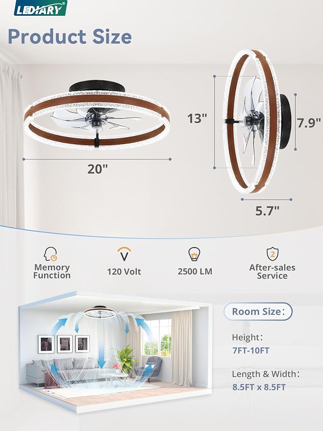 LEDIARY 20'' Modern Low Profile Ceiling Fans with Lights and Remote, Walnut | 3000-6000K Dimmable LED, 6 Wind Speeds, Quiet Reversible DC Motor, Small Flush Mount Fandelier for Bedroom, Living Room