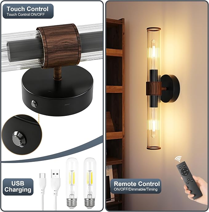 Morauroral Black Walnut Battery Operated Wall Sconces Set of 2, Rechargeable Wall Lights with Remote, 20 Inch Modern Wireless Wall Lamp for Bedroom, Living Room with White Shade (Bulbs Included)