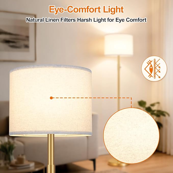 【Upgraded】 Dimmable Gold Floor Lamps for Living Room, 9W LED Bulb Included, Modern Standing Lamp with White Lamp Shade, Tall Pole Light for Bedroom Reading Office Corner Nursery-Gold