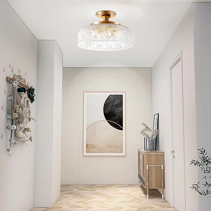 Lamomo Semi Flush Mount Ceiling Light, Upgraded Larger Golden Hallway Light Fixture, 3-Bulb Globe Glass Close to Ceiling Scone,Indoor Hanging Light for Bedroom Kitchen Porch Hallway,Bulbs Not Included