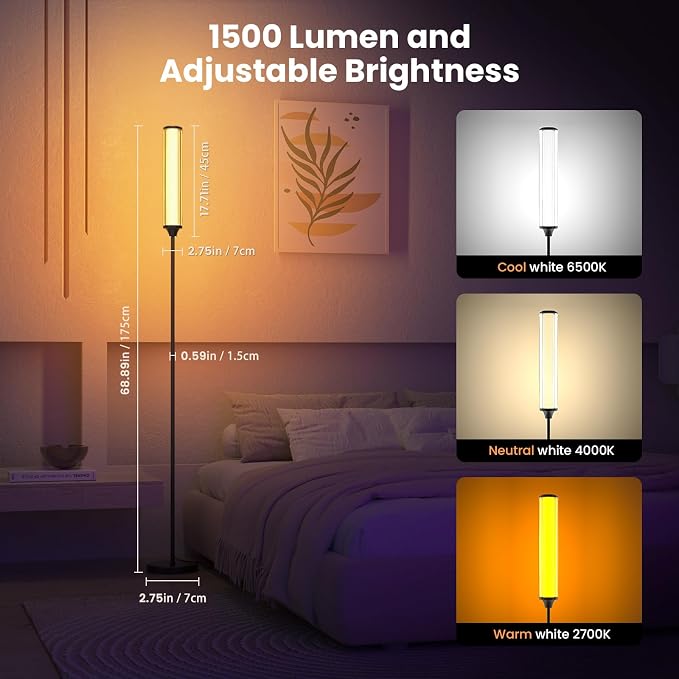 FRIDEKO HOME RGBCW Standing Lamp, Modern Floor Lamp with App & Remote Control,1500lm LED Corner Lamp with Music Sync and 16 Million DIY Colors for Bedroom Living Room